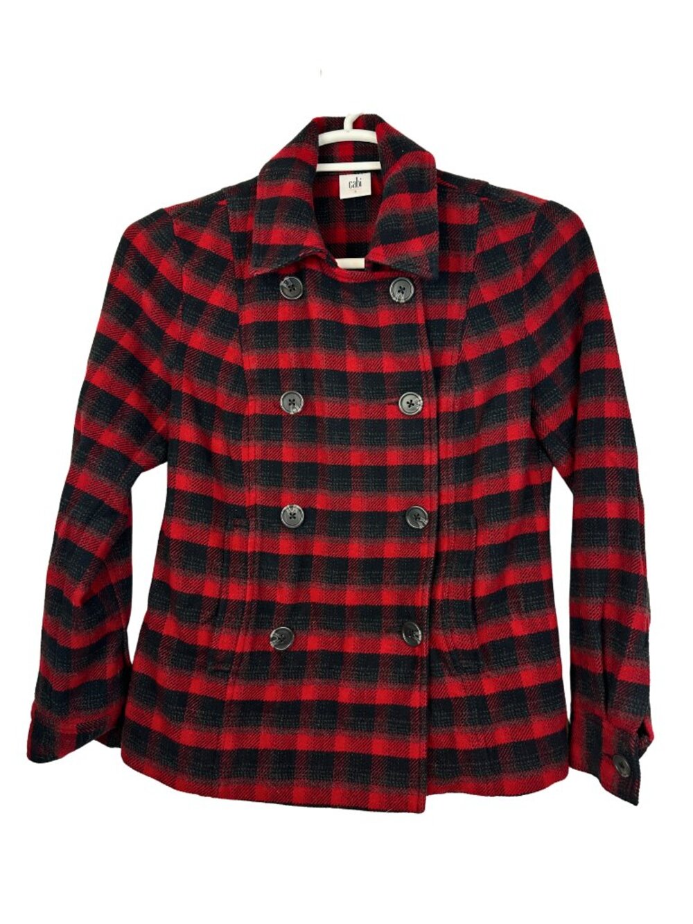 Cabi 3852 Buffalo Plaid Peacoat Jacket Small Red Black Double Breasted Cotton
